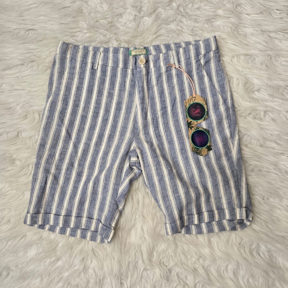 Scotch & Soda Boys Blue White Striped Linen Cotton Shorts Size 16 NWT